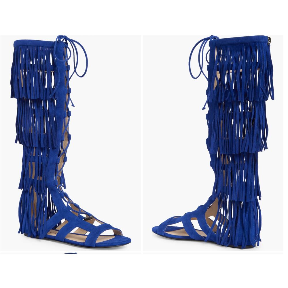 Longchamp Blue Ghillie Lace-Up Fringe Gladiator‎ Sandal